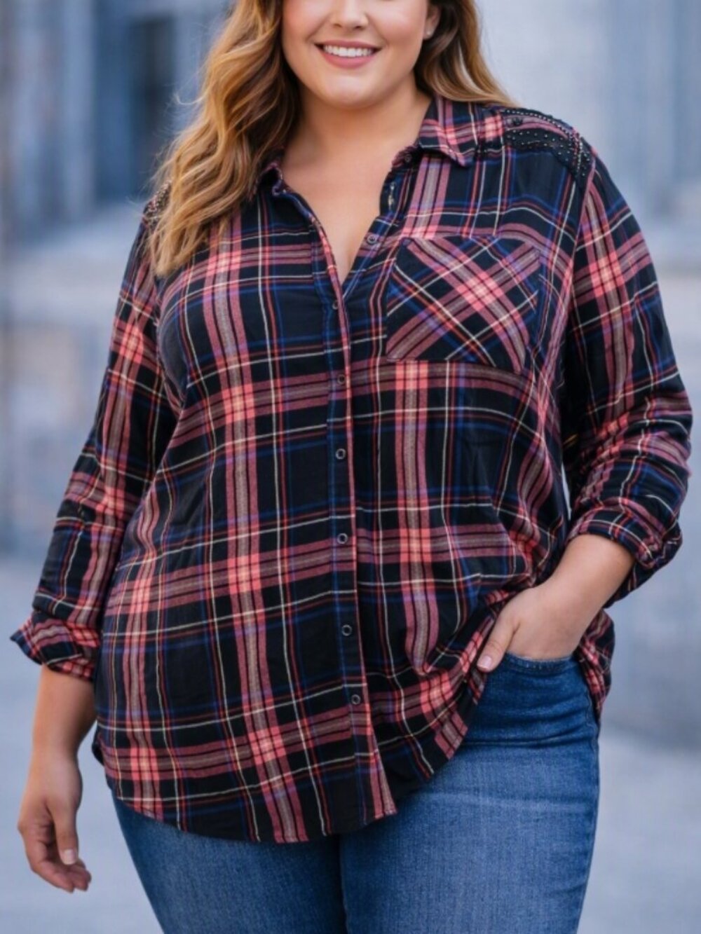 Evri Beaded Shoulder Purple Plaid Button Down Shirt Top 0X Boho Western